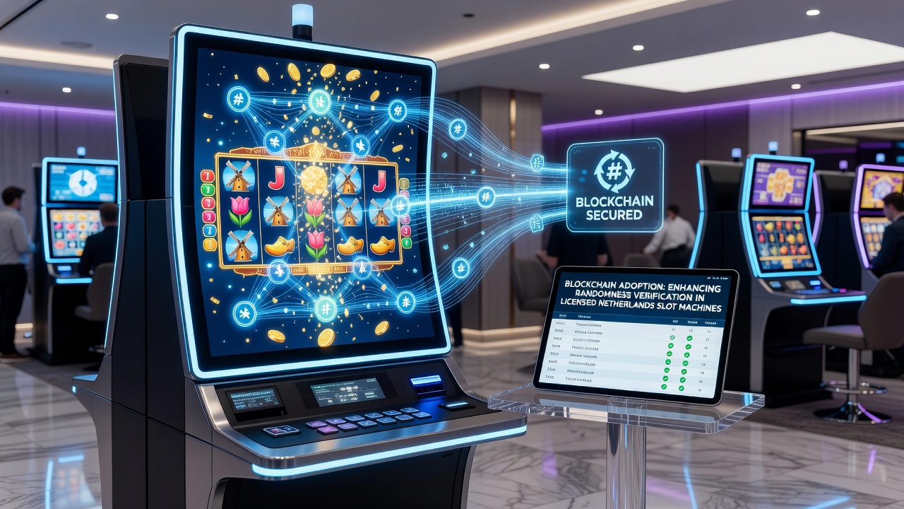 Blockchain-technologie in Nederlandse gokkasten met visuele representatie van gedistribueerde verificatie en RNG-controles