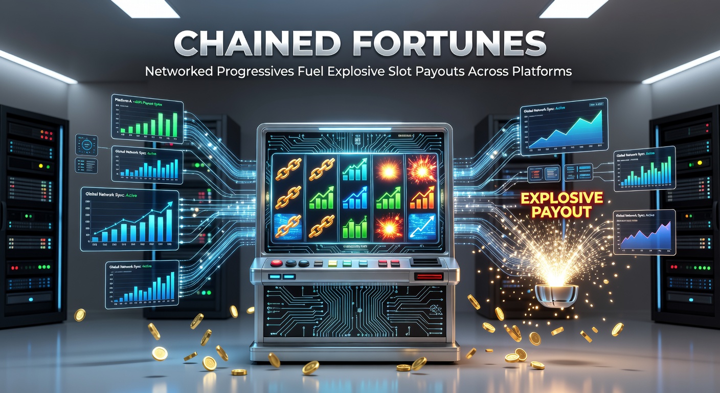 Grafiek van een groeiende progressieve jackpot die over meerdere online casino platforms linked is, met explosieve uitbetalingen in zicht