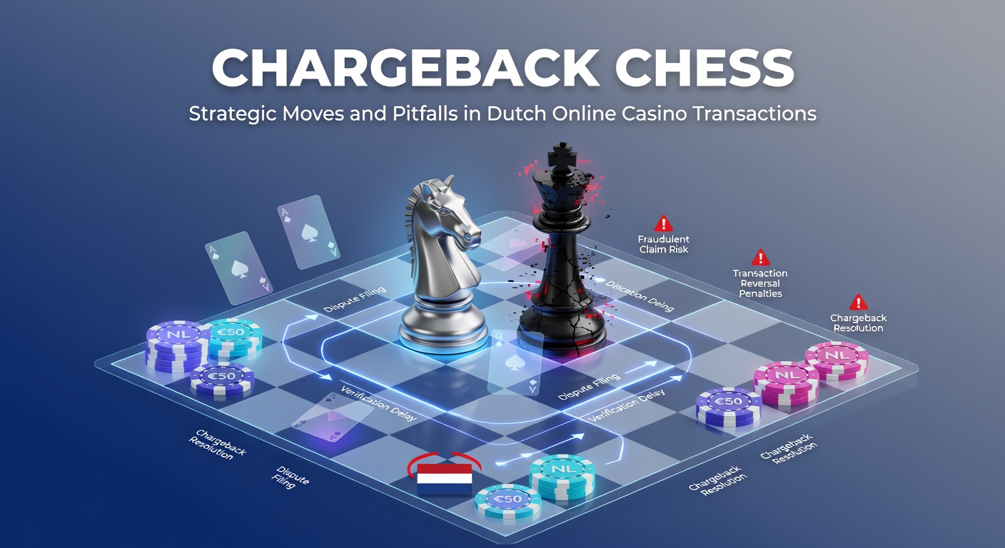 Grafische weergave van een schaakbord met chargeback-pionnen en casino-transacties in de Nederlandse context