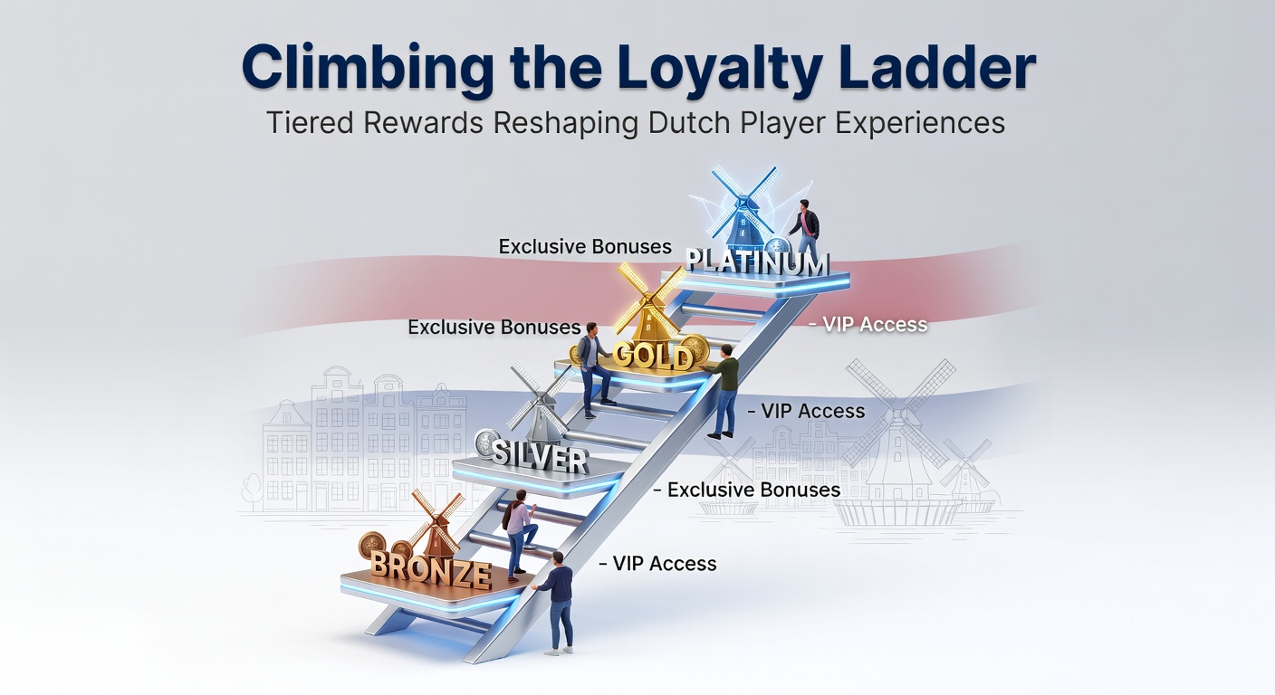 Speler beklimt een ladder met casino-beloningen op verschillende treden, symboliserend tiered loyalty programma's in Nederlandse online casinos