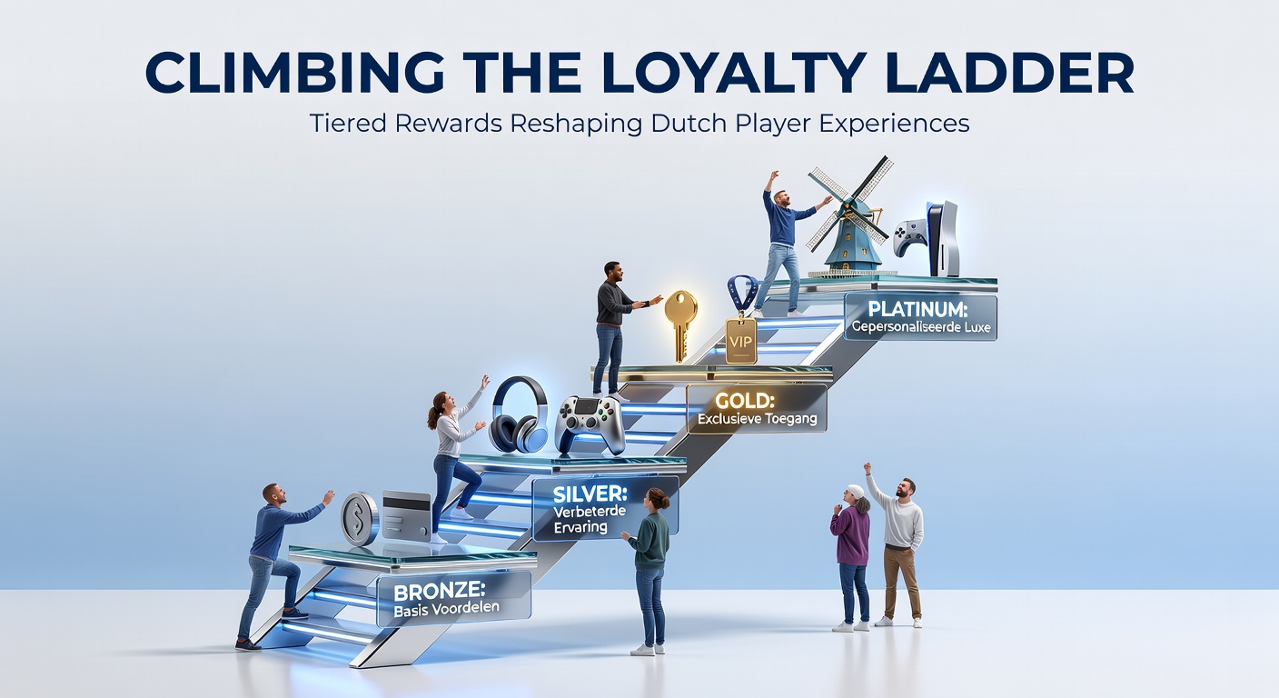 Grafiek met stijgende loyalty tiers en bijbehorende beloningen, inclusief cashback en VIP-voordelen voor Nederlandse casino-spelers
