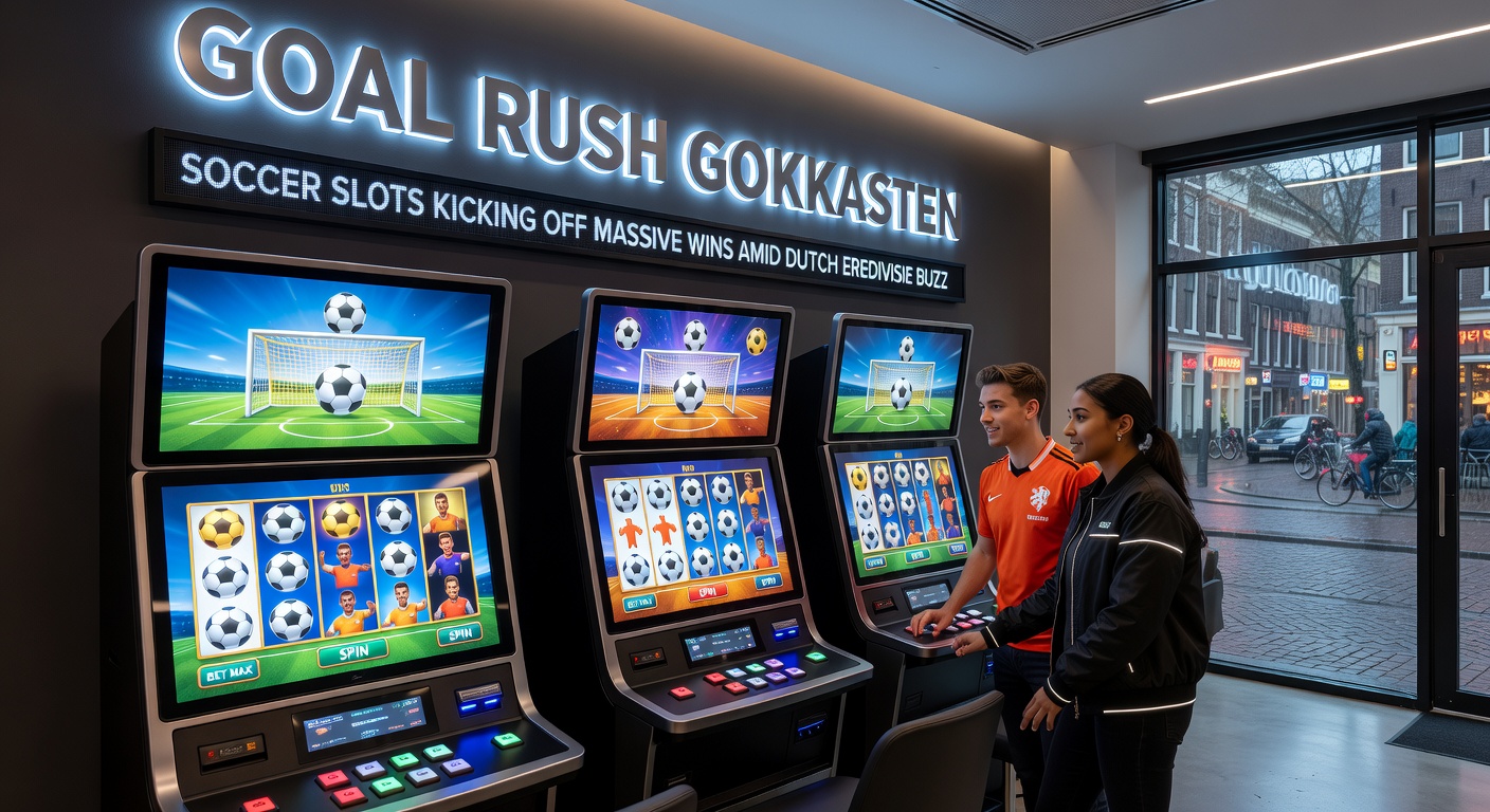 Grote win op Goal Rush gokkast met Eredivisie-logo's, exploderende multipliers en een vol stadion op de achtergrond