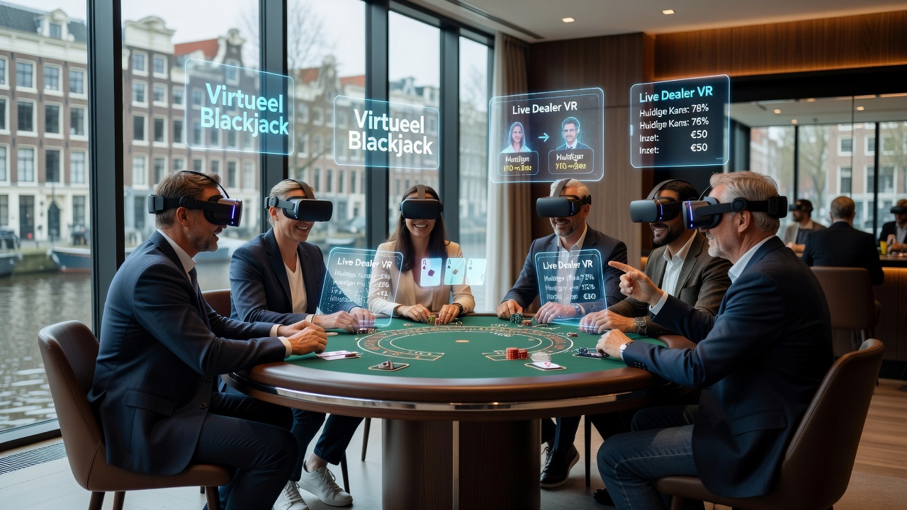 Groep Nederlandse spelers die samen aan een virtuele VR-roulette tafel zitten met headsets