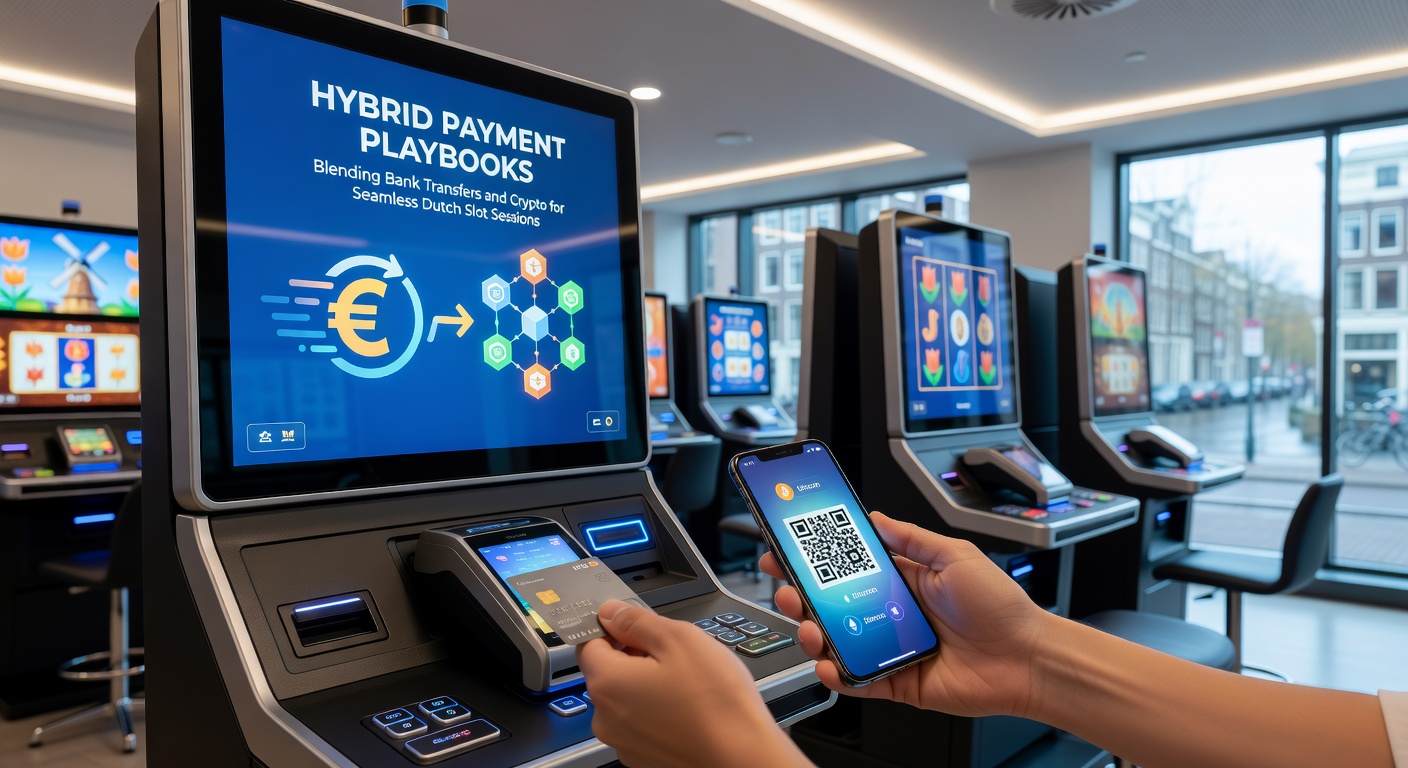 Schermafbeelding van een hybride betaalinterface in een Nederlands casino, met iDEAL en crypto-opties naast elkaar, slots draaiend op de achtergrond