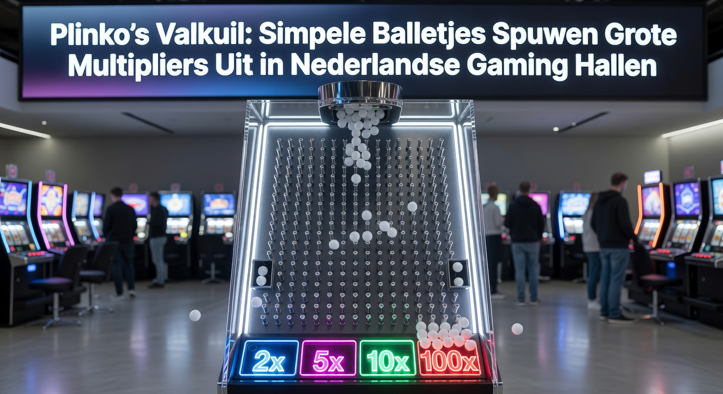 Plinko-spel in actie met vallende balletjes die multipliers raken in een bruisende Nederlandse gaming hal