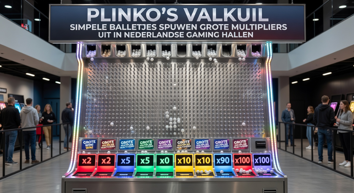 Close-up van een Plinko-piramide met kleurrijke multipliers en een balletje dat een hoge uitbetaling raakt