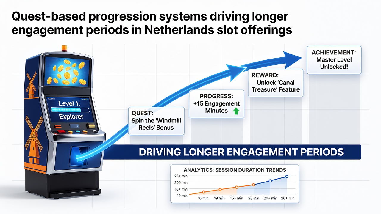 Illustratie van questsystemen in Nederlandse online gokkasten met progressiebalken en beloningen