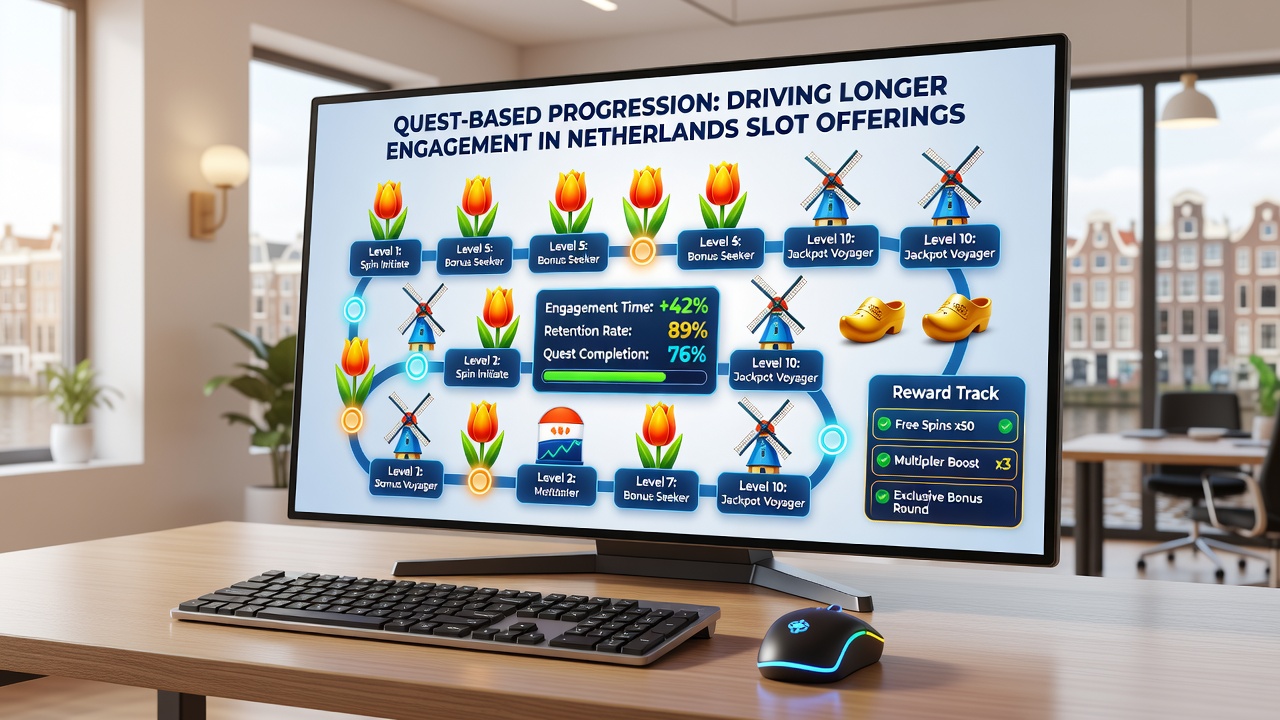 Voorbeeld van een quest voortgangsscherm in een Nederlandse gokkast met dagelijkse missies en beloningen
