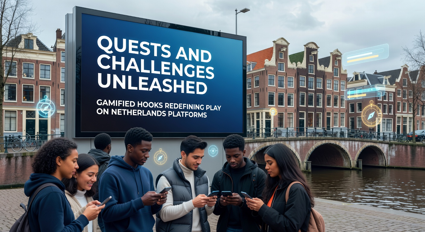 Spelers duiken in een gamified quest op een Nederlands online casino platform, met levels en beloningen die het scherm vullen