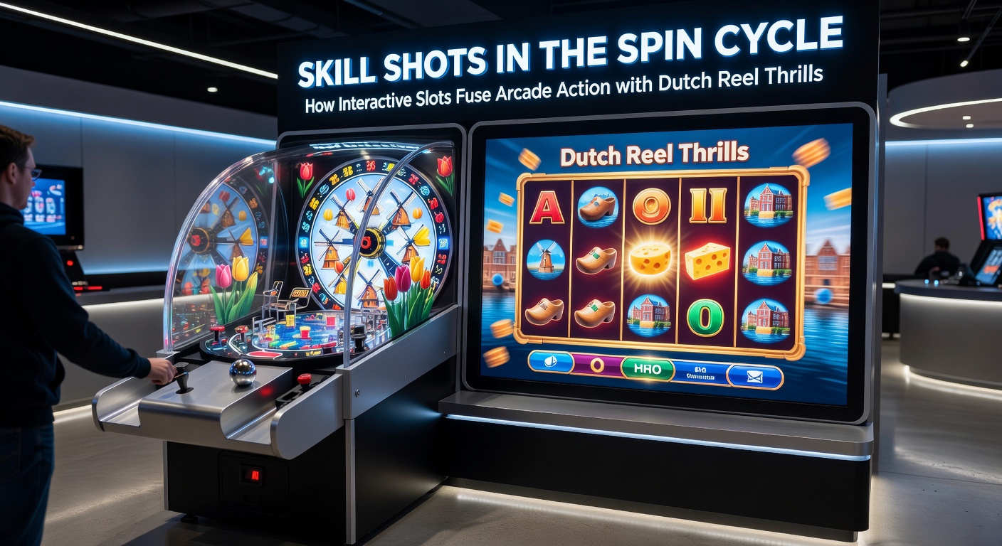 Dynamische skill shot in een interactieve gokkast met arcade-stijl schietmechaniek en draaiende rollen op de achtergrond