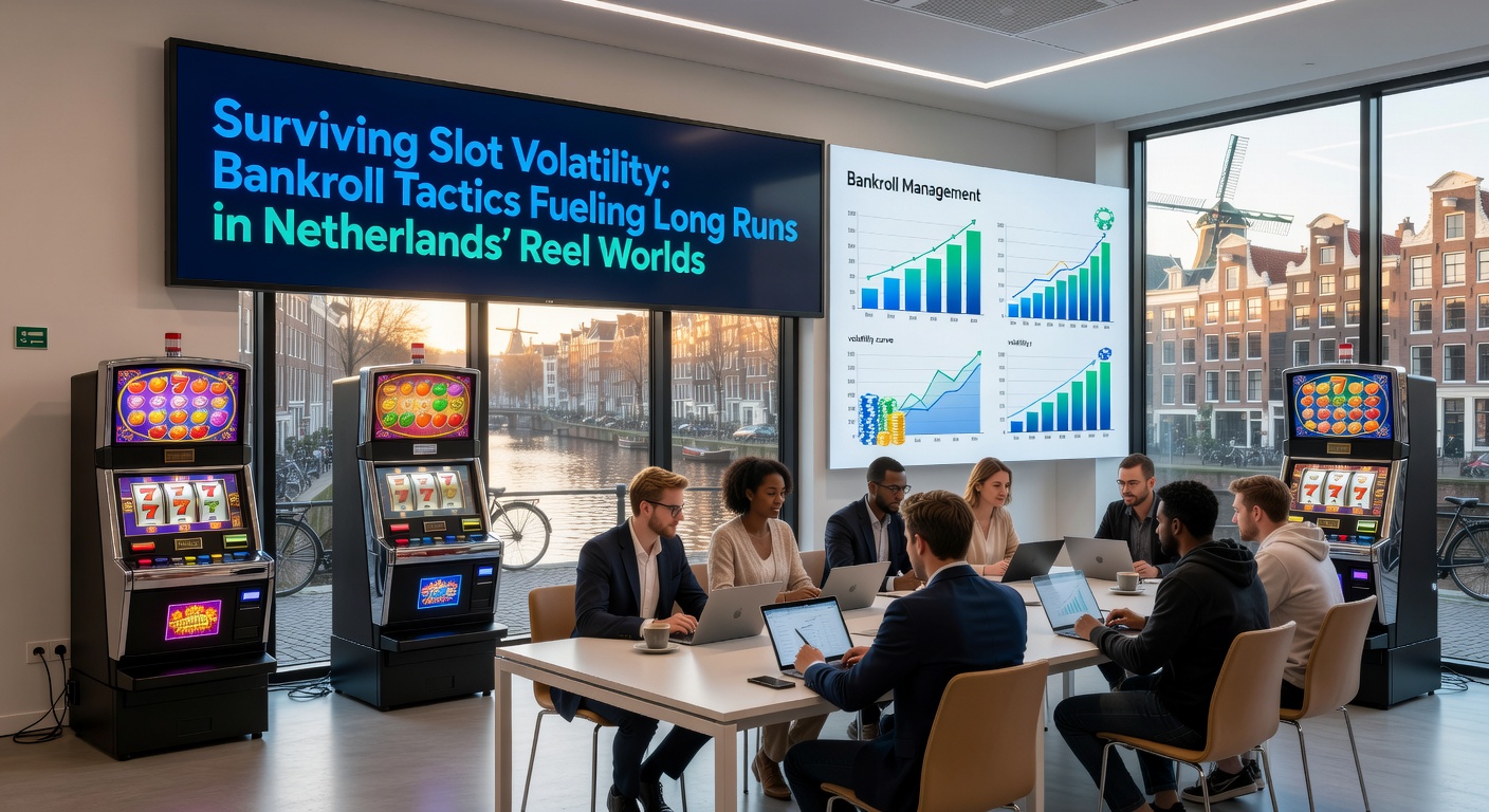 Grafiek met schommelende lijn die gokkastvolatiliteit illustreert, met bankrollcurves die lange sessies tonen in Nederlandse online casinos