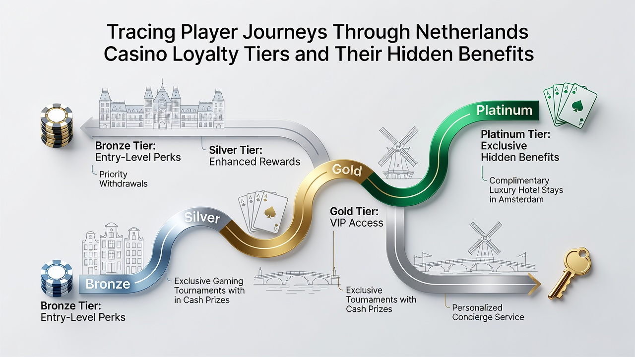 Spelers volgen hun traject door verschillende loyaliteitstiers in Nederlandse online casino's met visuele weergave van niveaus en voordelen